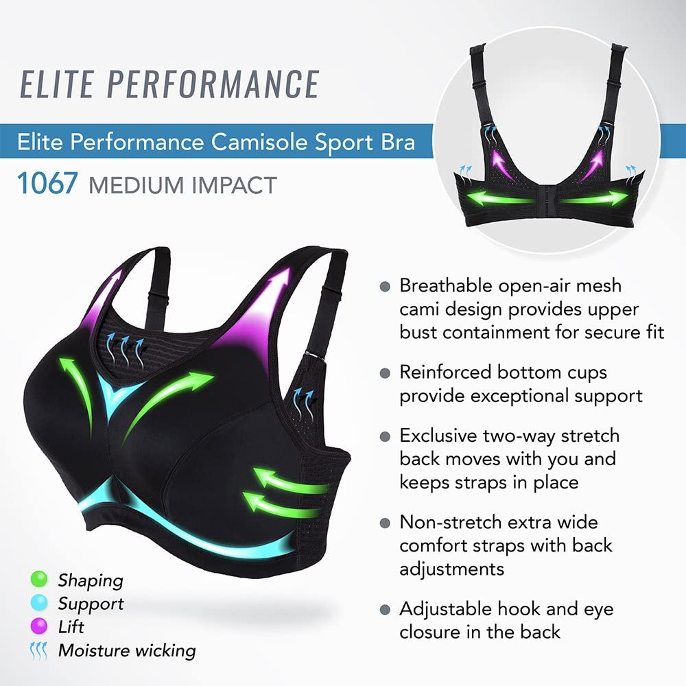 Glamorise Women's PlusSize Camisole Sport Bra Bra, Black, 40DD, Print