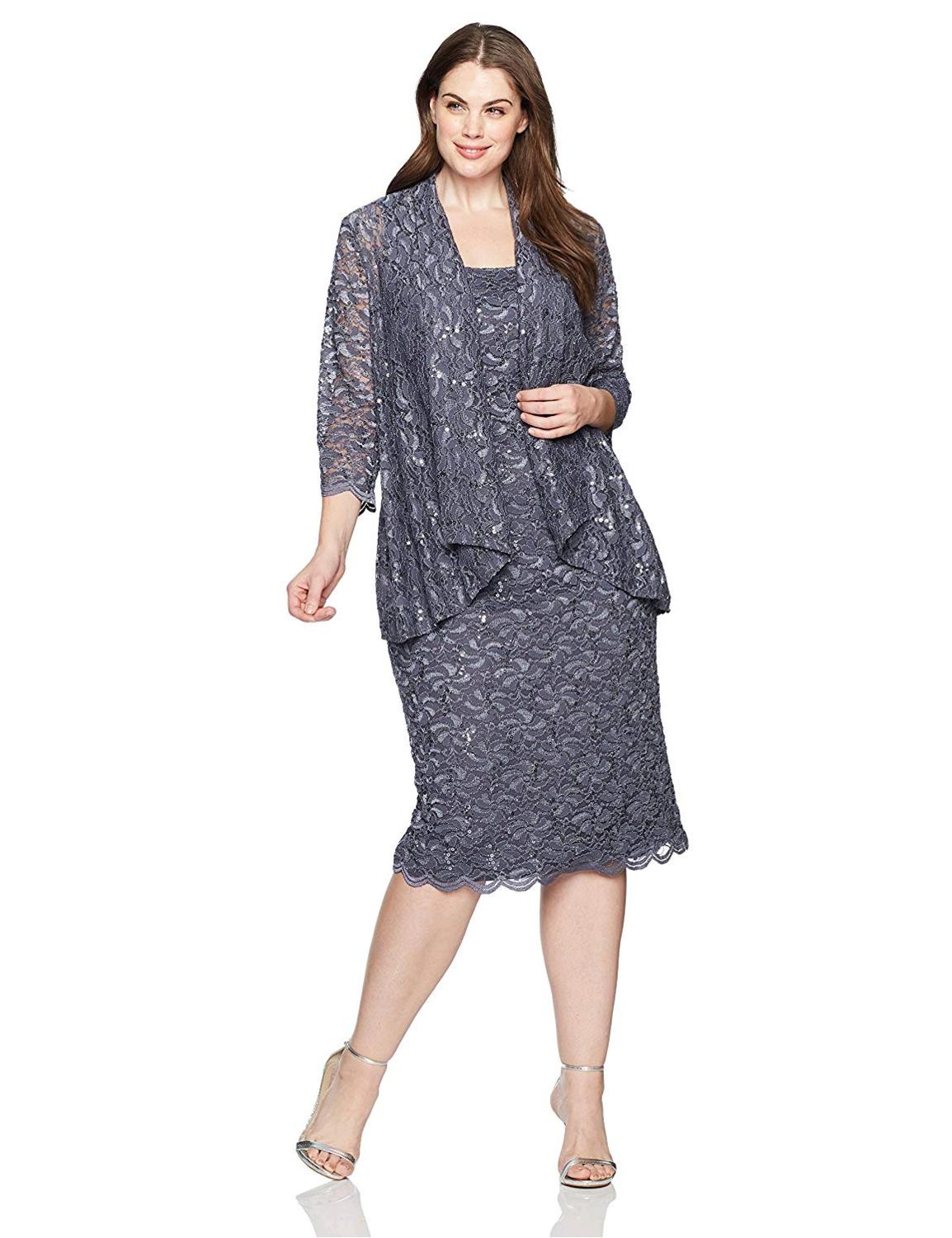 Alex Evenings Women's 14W Plus Size Tea Length Lace Dress, Blue Smoke ...