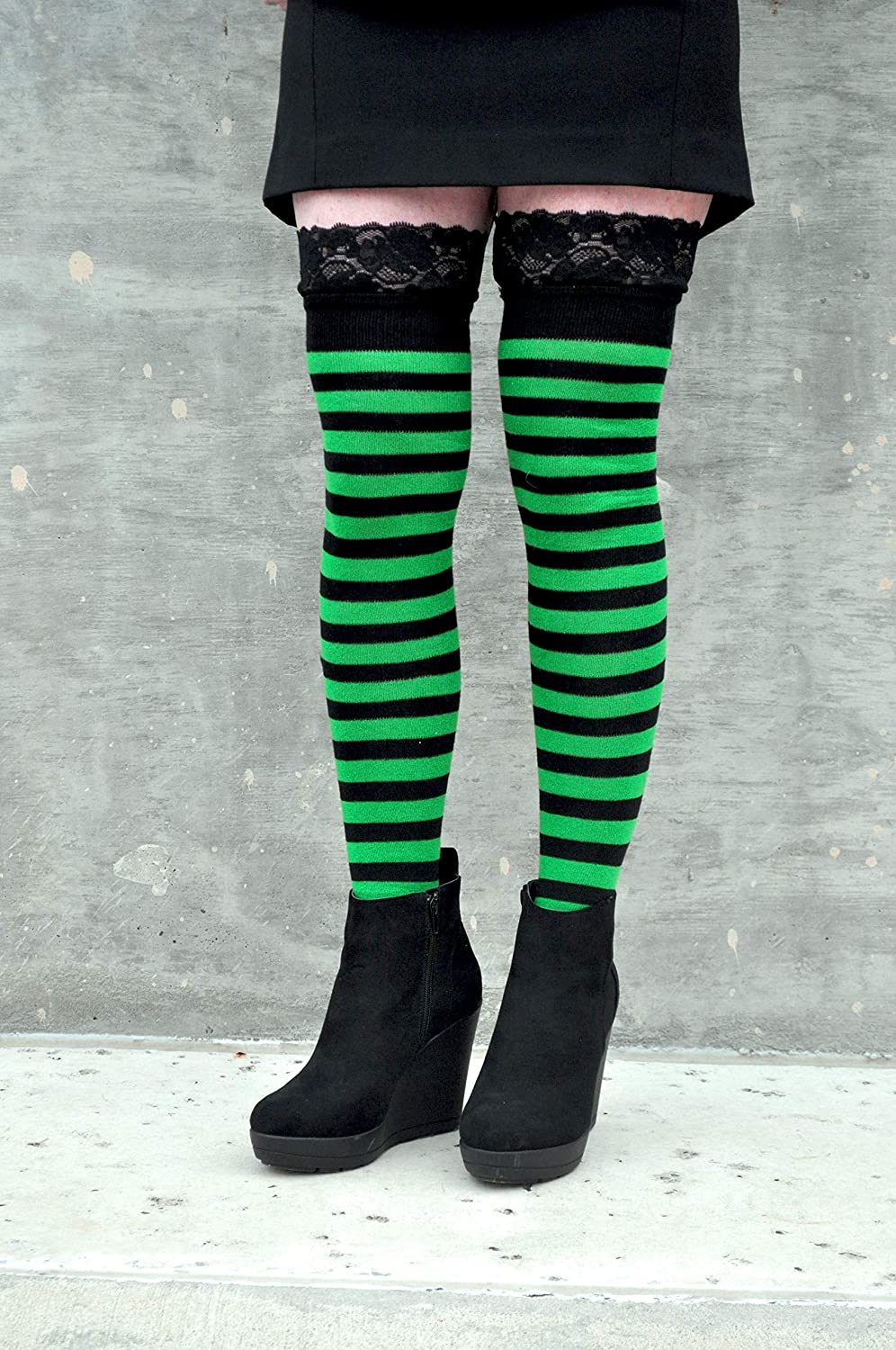 Striped Thigh High Womens Socks Over The Knee Stripe Lace Black