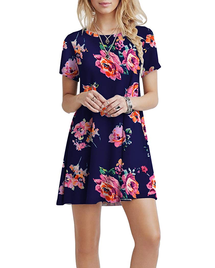 KORSIS Women's Summer Floral Dresses Short Sleeve Tunic T, Blue, Size ...