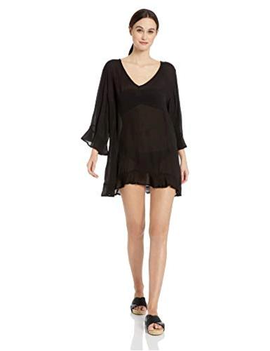 Anne Cole Women's Flounce V Neck Solid Tunic, New Black, Size X-Small ...
