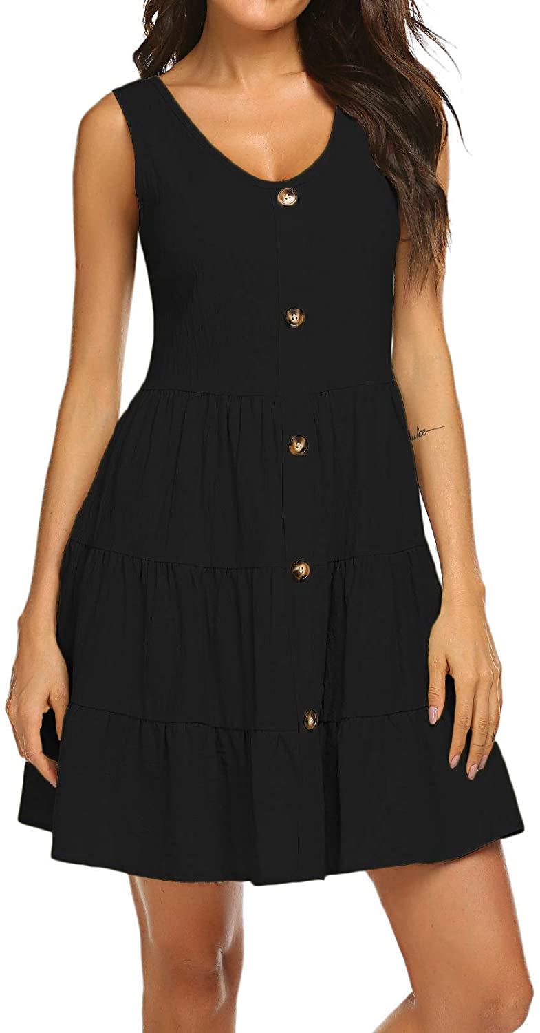 Halife Women's Button Front Dress Summer Sleeveless V-Neck, Black, Size ...
