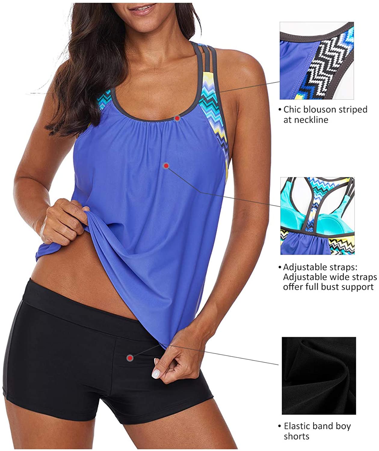 Aleumdr Women Striped Blouson Swimwear T-Back Tankini Top with, Blue, Size Large | eBay
