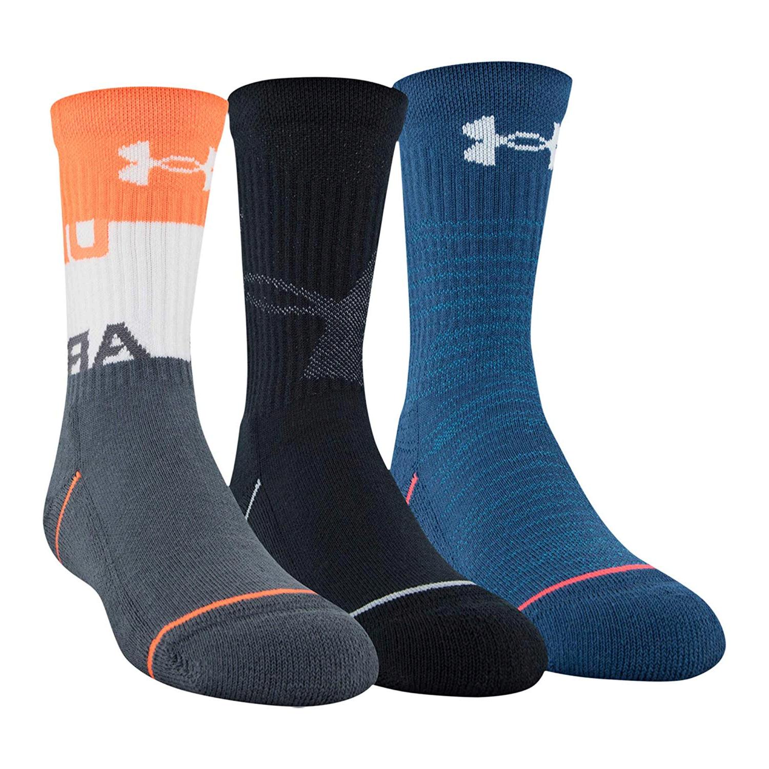 Under Armour Phenom Crew Socks 3 Pairs, Orange Glitch, MultiColor, Size