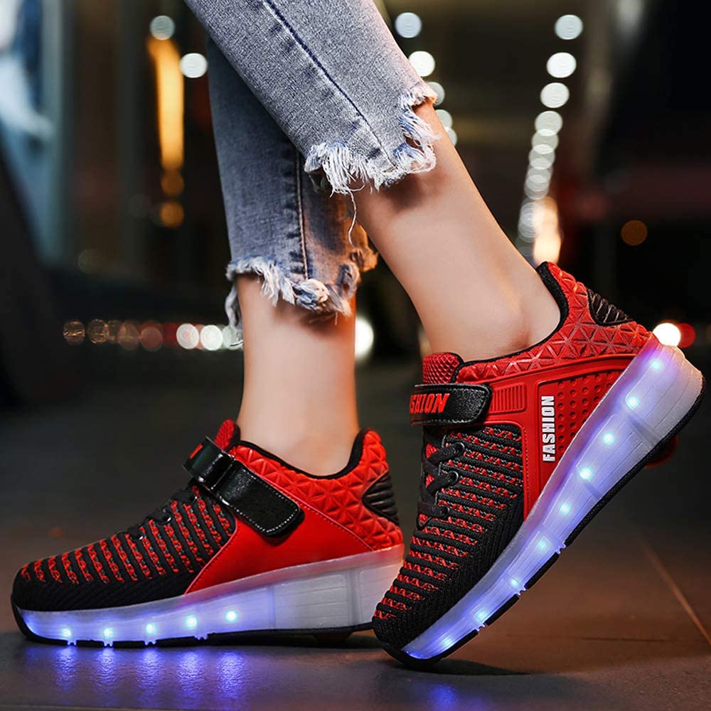 Qneic USB Rechargeable Roller Shoes Sneakers for Boys Girls Kids Gift LED Light Up Wheels Shoes Roller Skates 