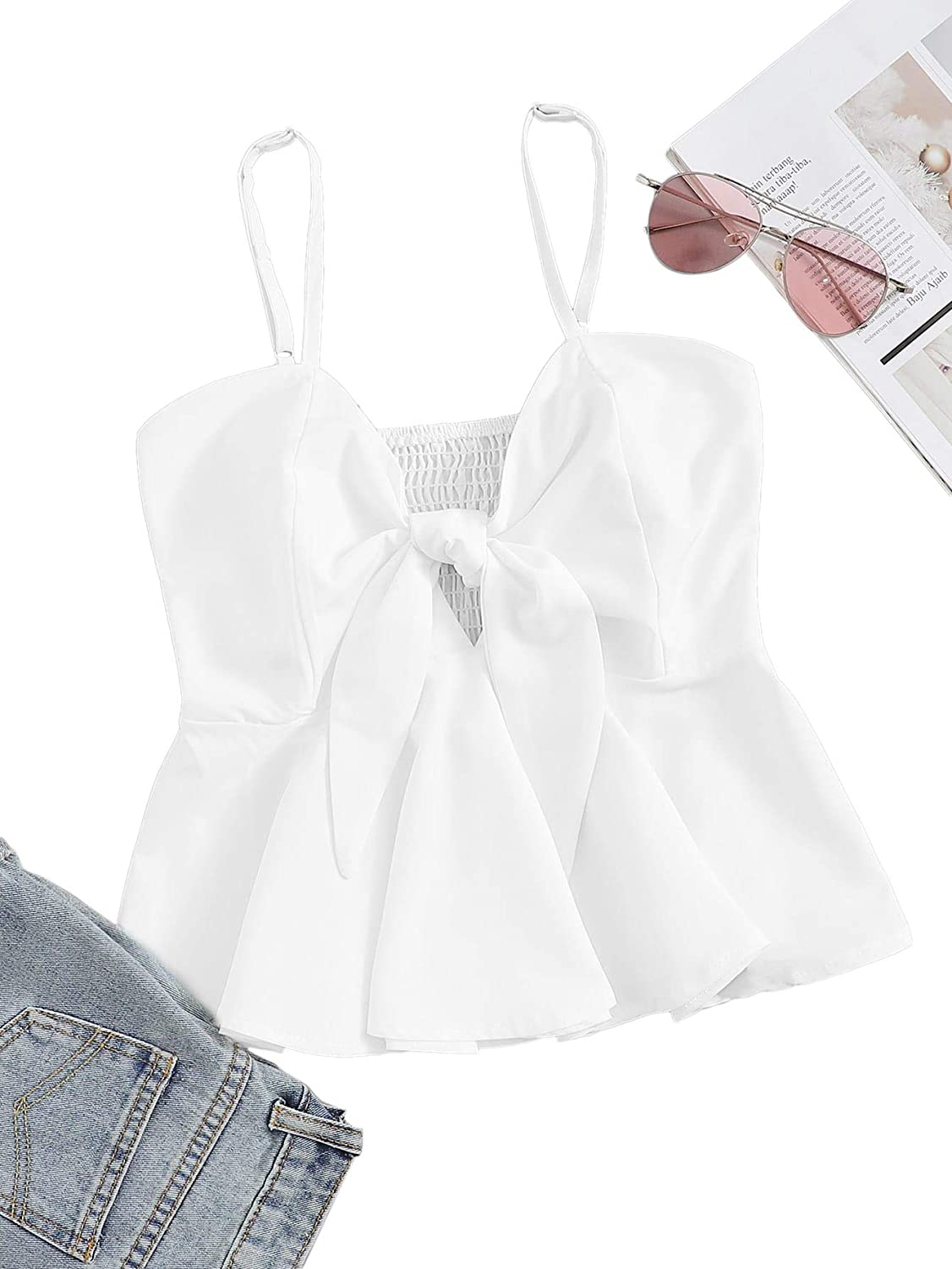 SheIn Women's Cute V Neck Solid Ruffle Hem Peplum Cami Top, White, Size Large | eBay