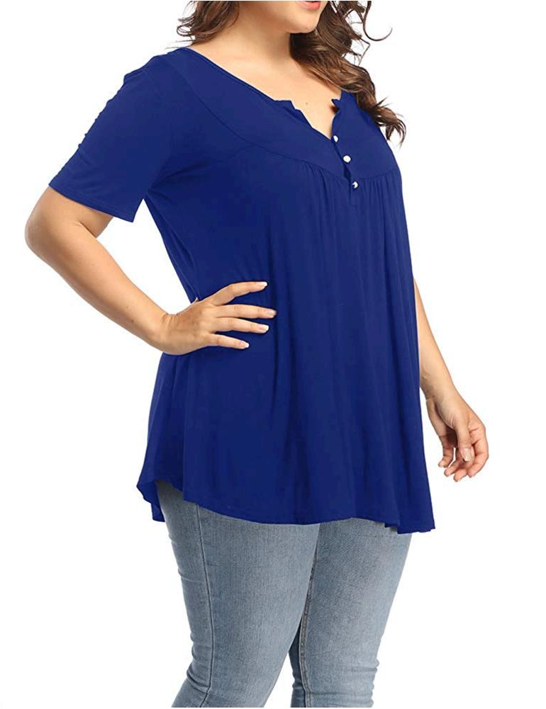 Allegrace Women's Plus Size Henley V Neck Button Up Tunic Tops, Blue ...