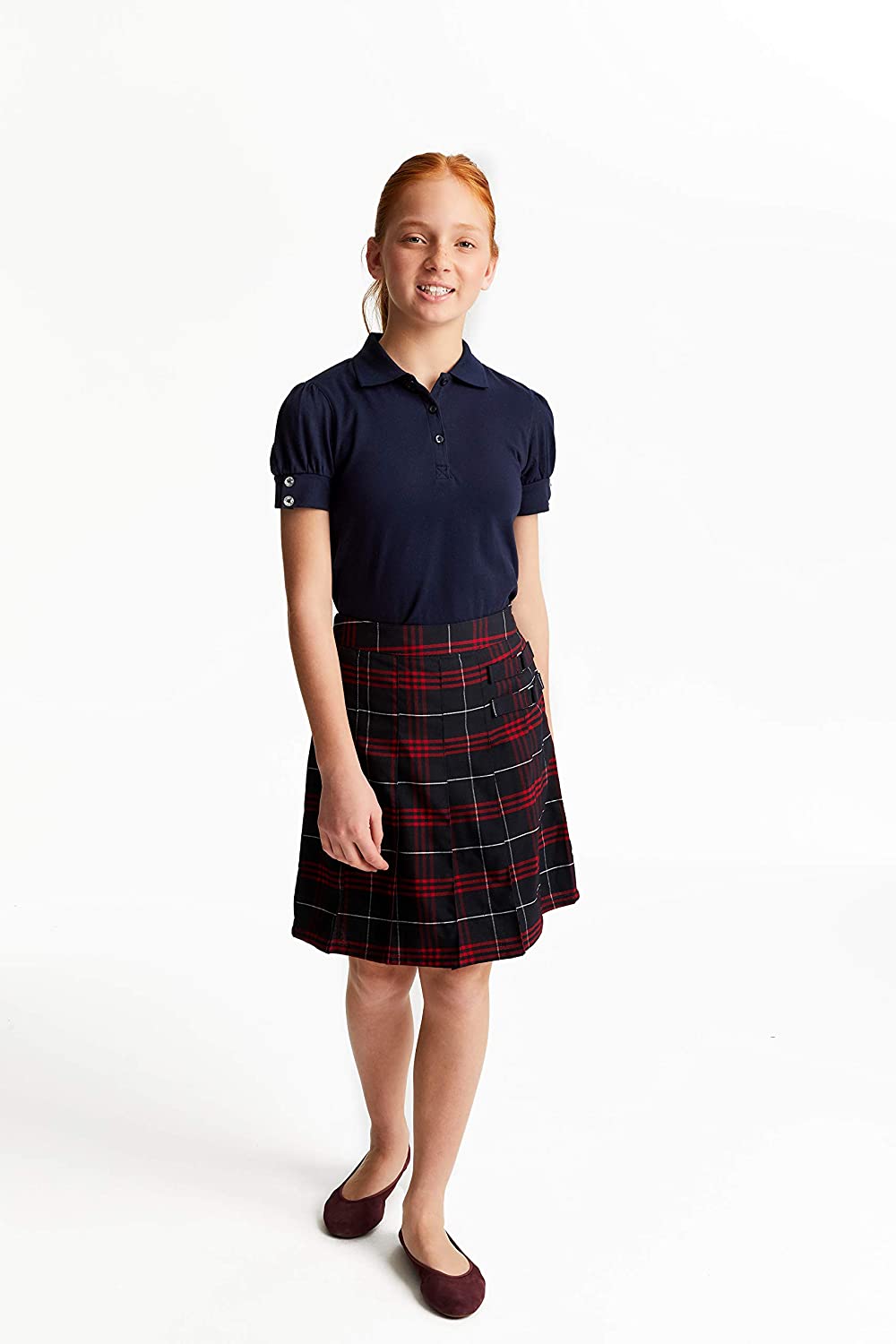 French Toast Big Girls' Puff Sleeve Double Button Polo, Light, Navy ...