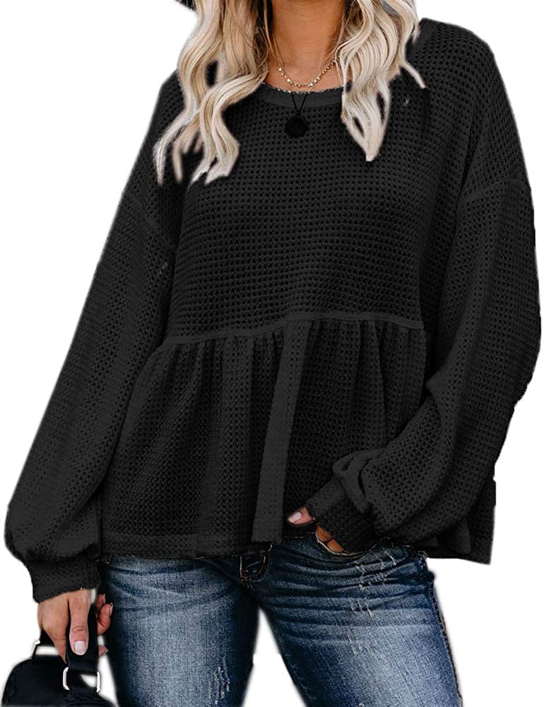 Womens Waffle Knit Shirts Long Sleeve Peplum Ruffled Layered, Black