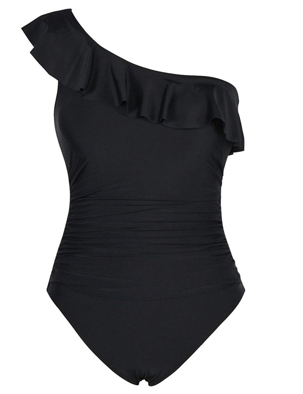 Hilor Women's One Piece Swimsuits One Shoulder Swimwear, Black, Size 12 ...