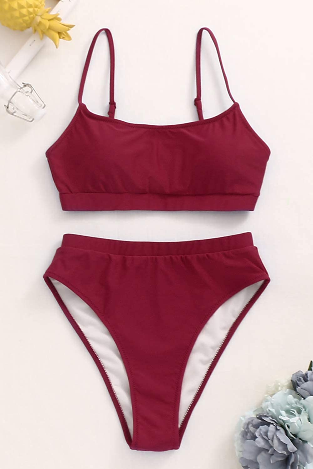 Women High Waisted Bikini Set Sport Bandeau Bathing Suits, Wine Red ...