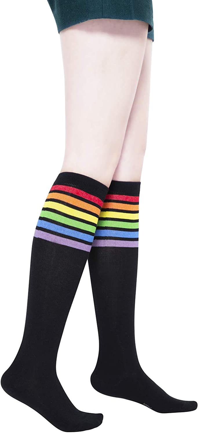 Kony Womens Cotton Colorful Striped Rainbow Knee High Socks Black 6465