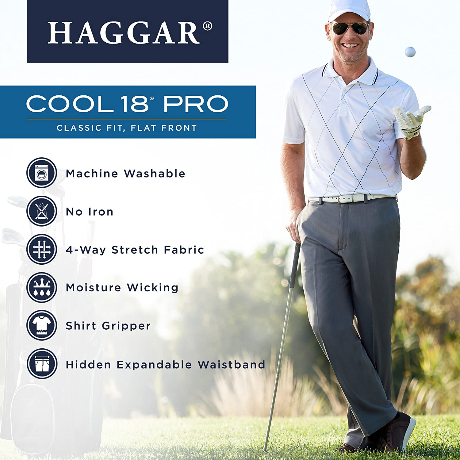 Haggar Men's Cool 18 PRO Classic Fit Flat Front, Black, Size 36W X 29L ...