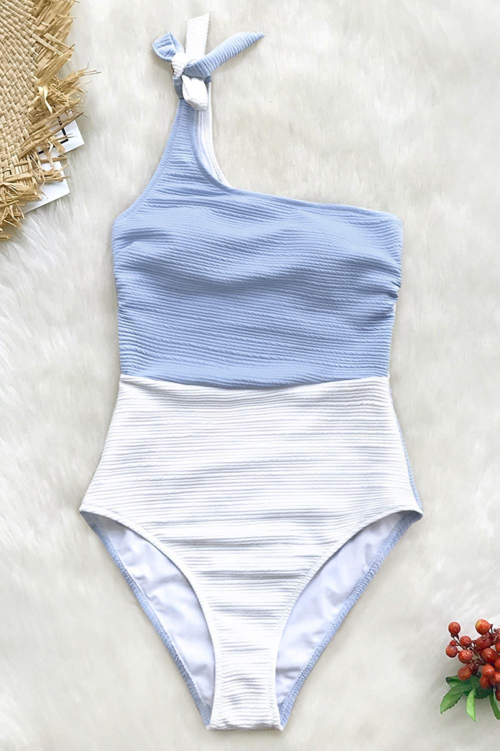CUPSHE Women s Blue And White One Shoulder One Piece Swimsuit Blue 
