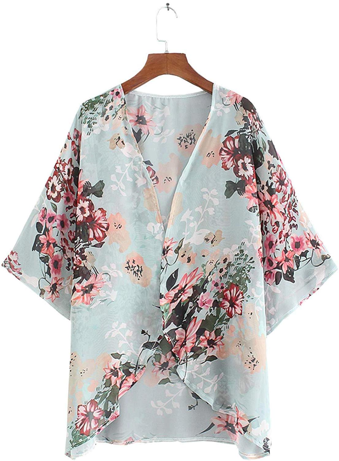 Womens Floral Sheer Chiffon Kimono Cardigan Beach Cover up, 1green ...