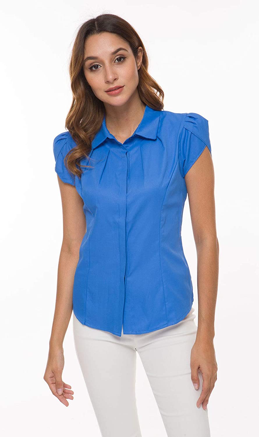 Women Cotton Collared Pleated Button Down Shirt Tulip, White Solid ...