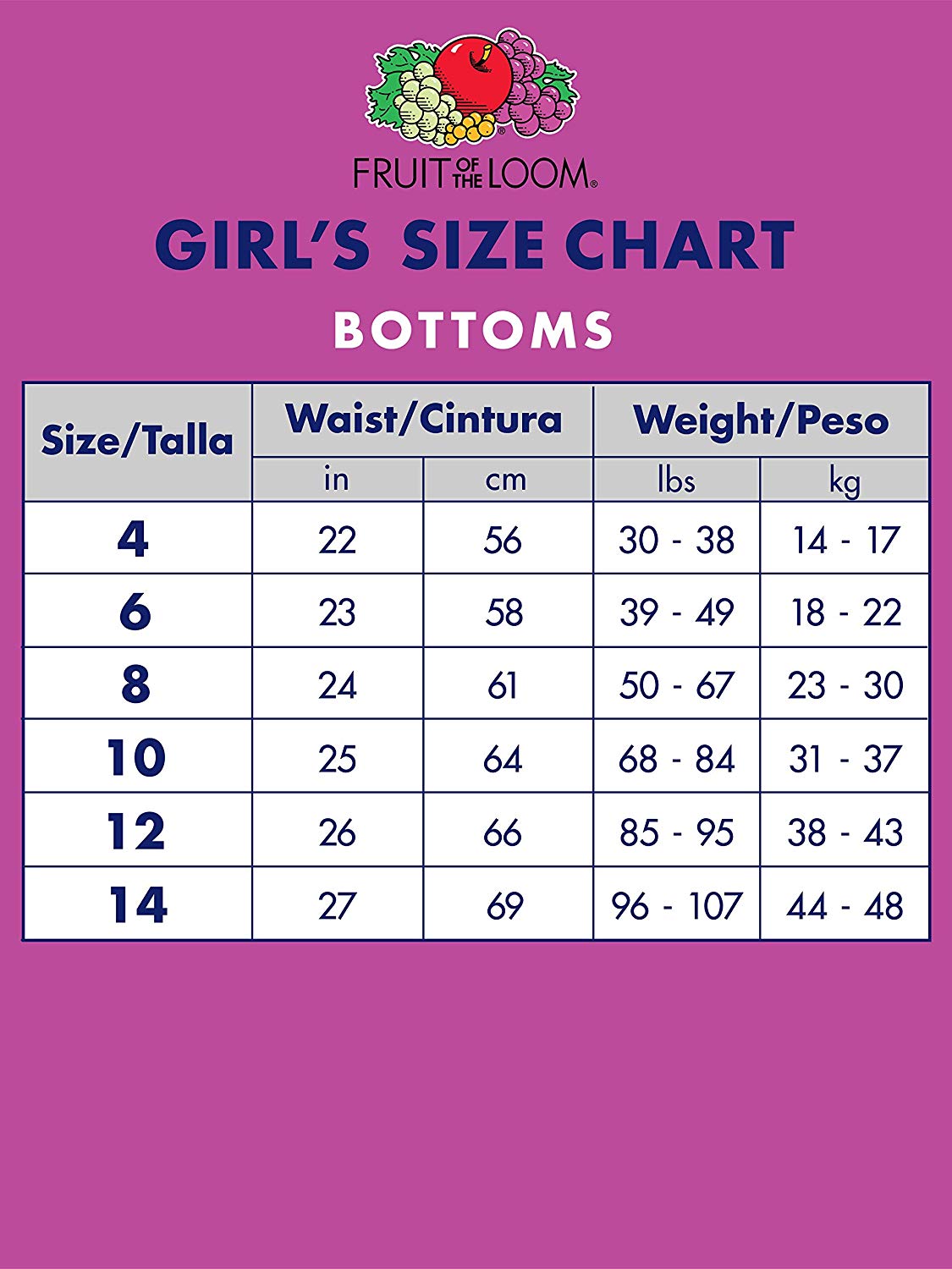 fruit of the loom underwear size chart girls