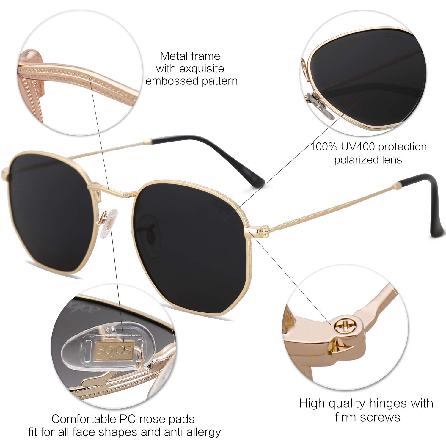 SOJOS Small Square Polarized Sunglasses for Men and Women, Gold, Size ...