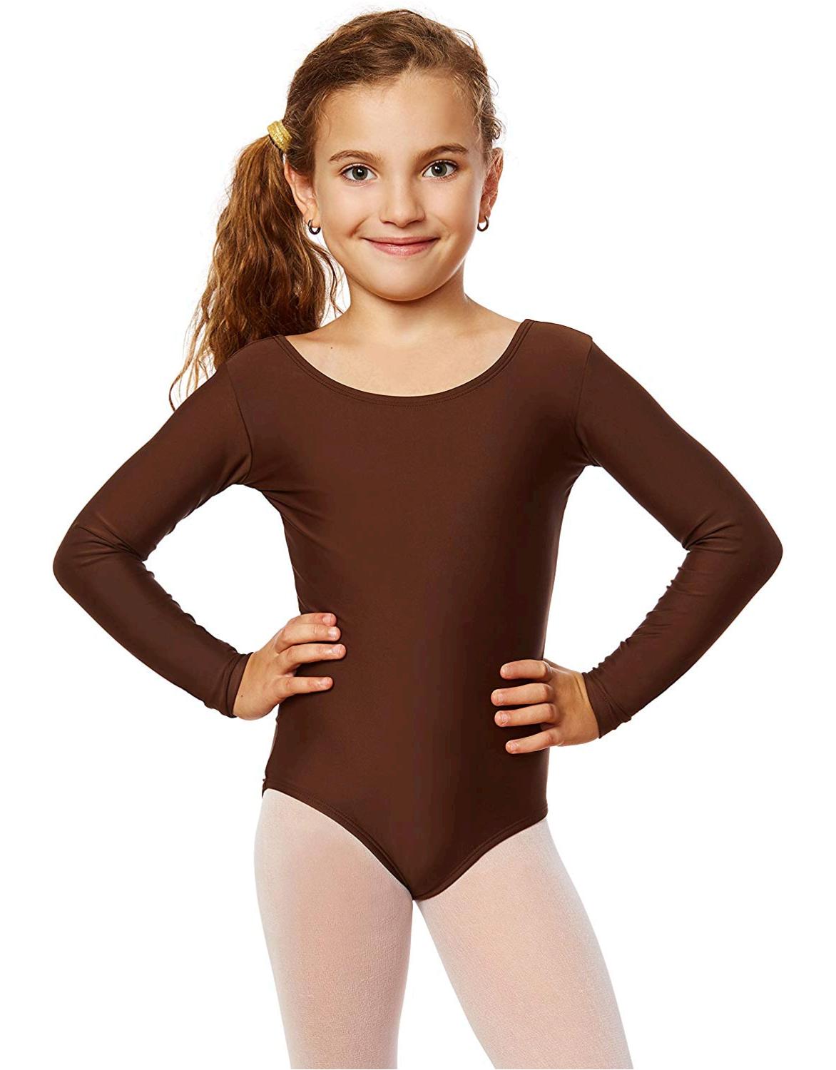 Leveret Girls Leotard Basic Long Sleeve Ballet Dance Brown, Brown, Size