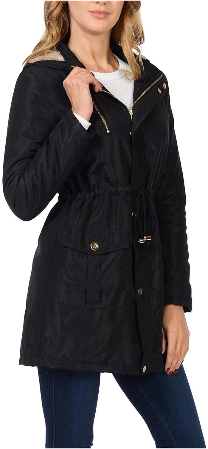 Auliné Collection Women's Satin Faux Fur Lined Hoodie Long, Black, Size