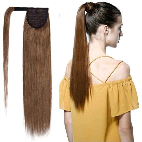 100 Remy Human Hair Ponytail Extension Wrap Around One, Light Brown