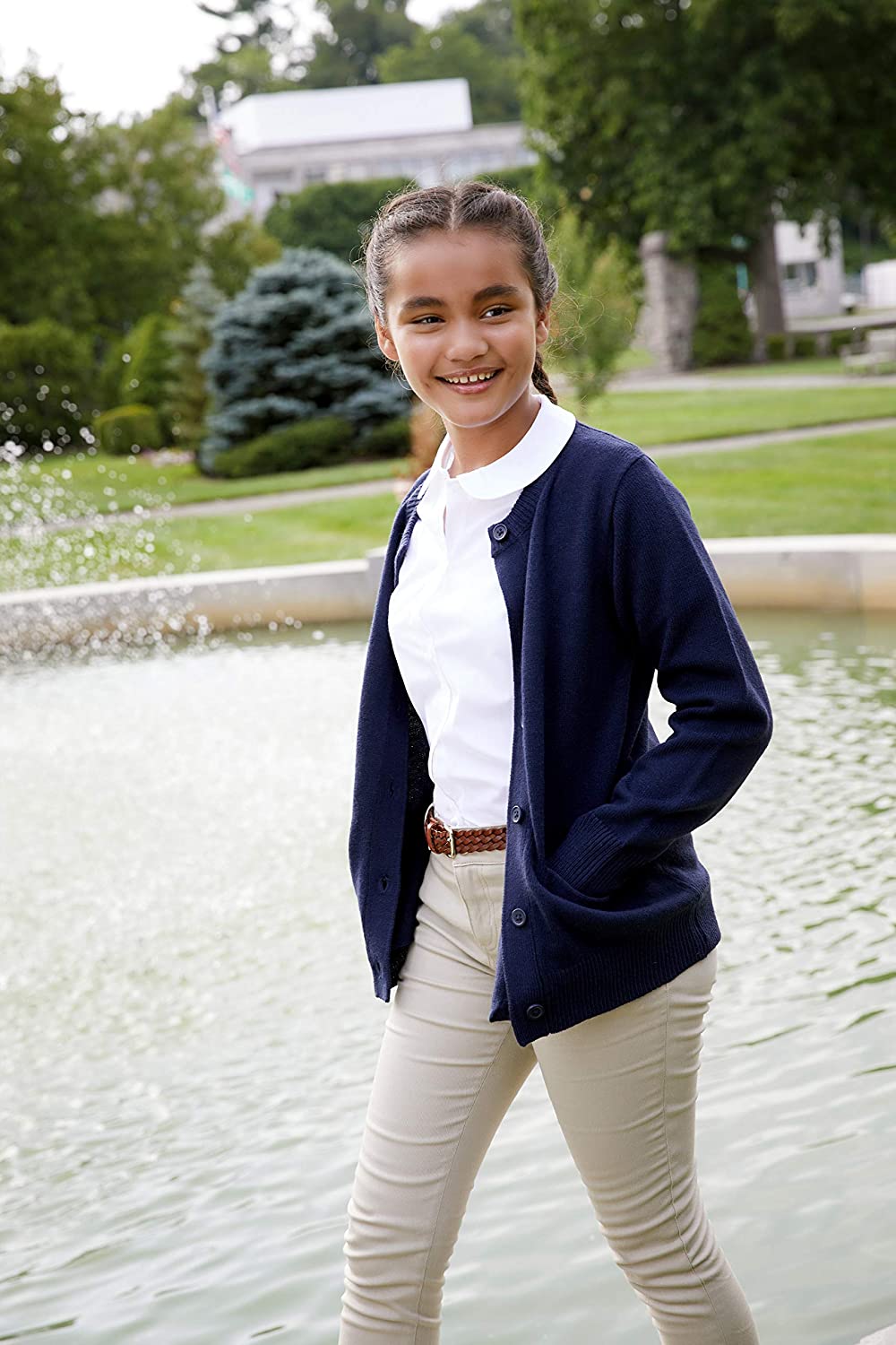 French Toast Girls' AntiPill Crew Neck Cardigan Sweater, Navy, Size 0.