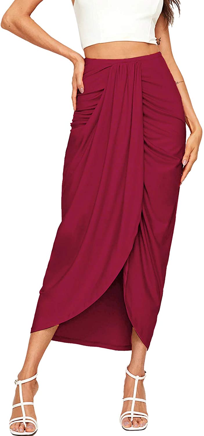 SheIn Women's Casual Slit Wrap Asymmetrical Elastic High Waist, Red ...
