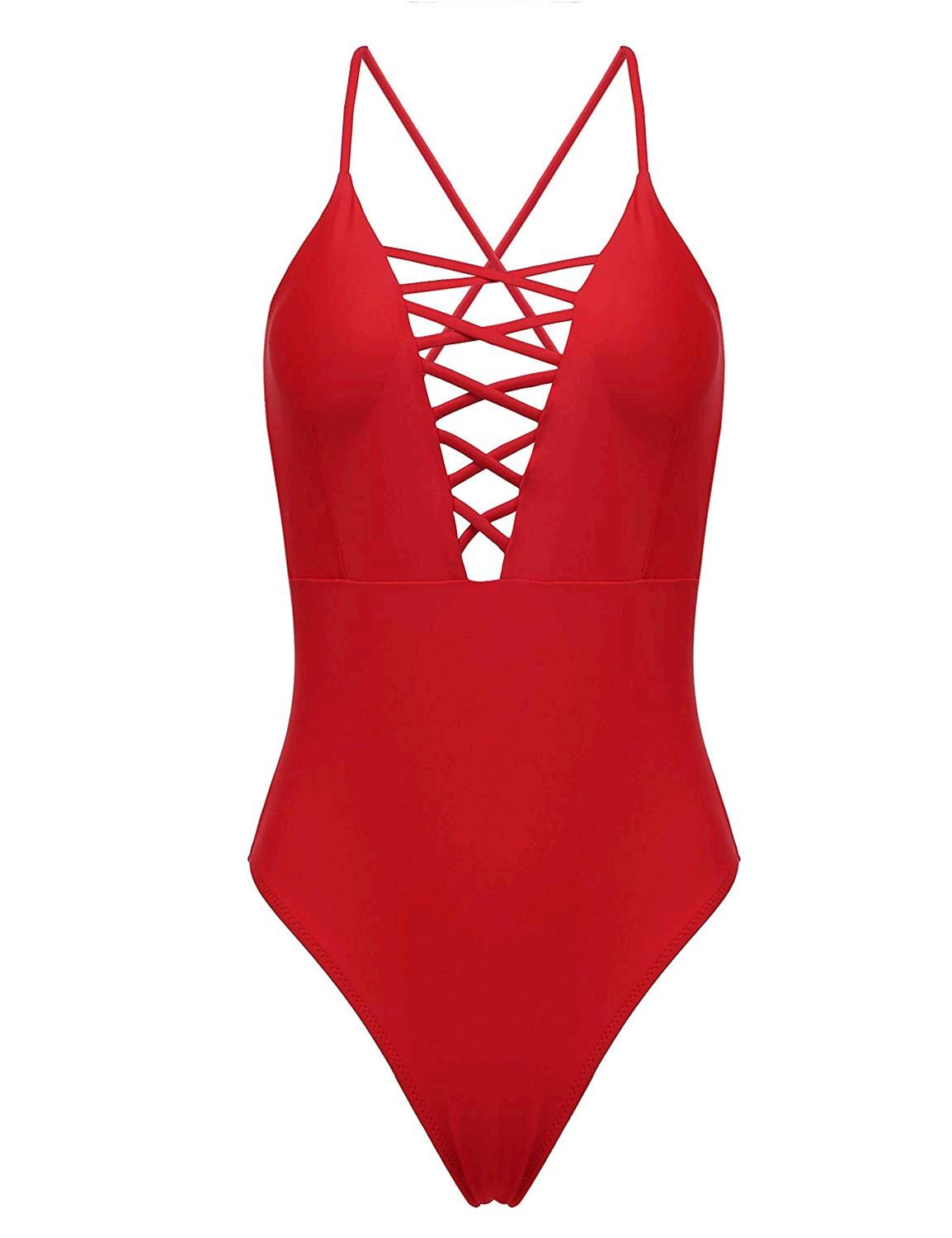 Ekouaer Women 1 Piece Sexy Red Racerback Monokini Plunge 66 Red Size