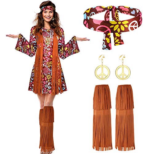 Women Hippie Costume Set Peace Sign Earring Necklace, Multicolour, Size ...