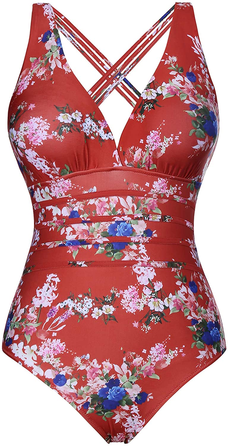 Aibrou Women S One Piece Swimsuits Tummy Control Monokini Red Flower Size 1 0 Ebay