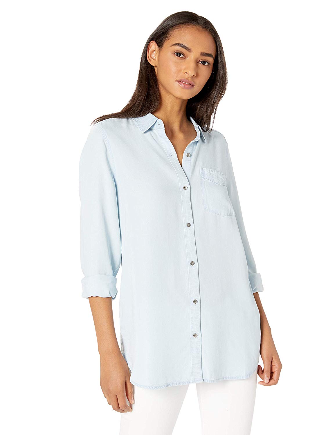  Daily  Ritual Women  s Tencel Long Sleeve Button Up Bleach  