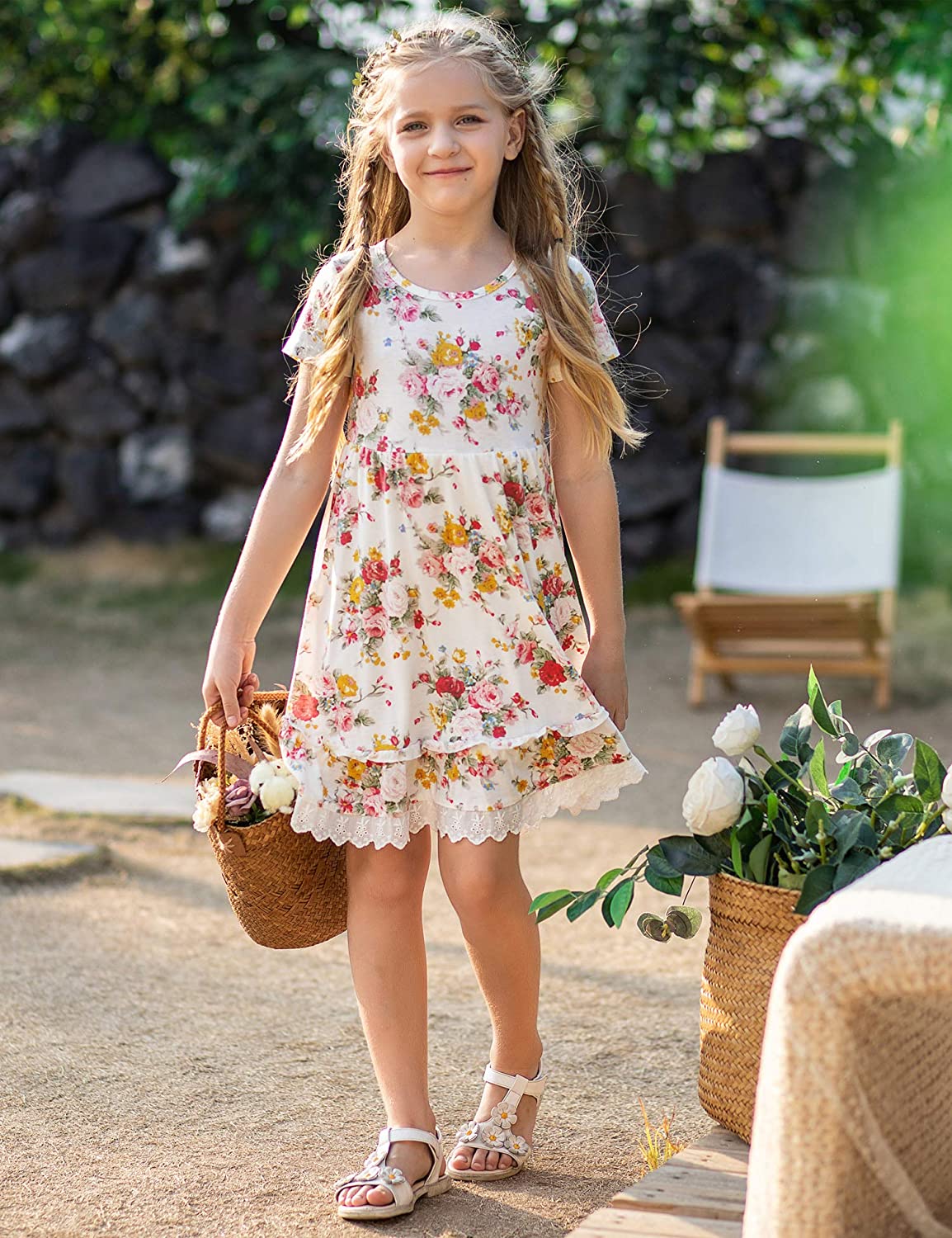 Arshiner Girls Summer Flower Dress Swing Short Sleeve Casual, A-white ... image.